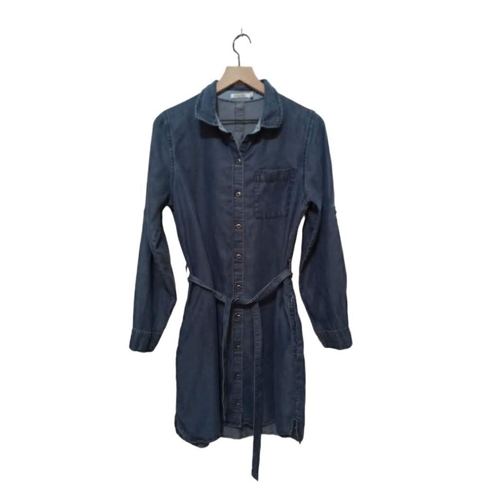 Kenneth Cole Reaction Long Sleeve Waist Tie Tencel Denim Mini Dress Sz 10